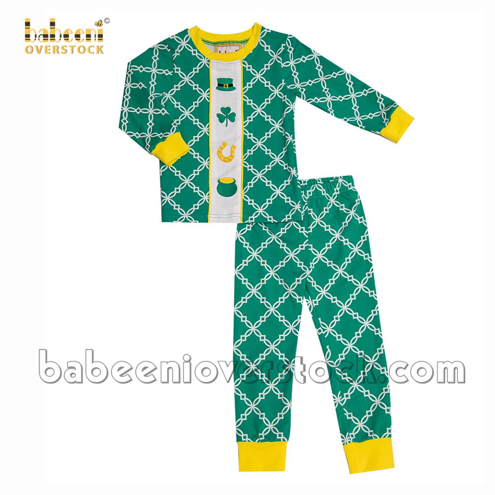 Mardi gras embroidery green quatrefoil boy sleepwear set - BB1974